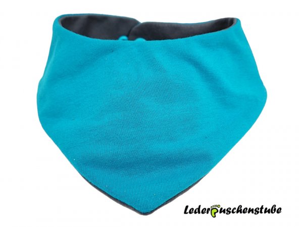 Wende Halstuch: Vorderseite: Jersey jeansblau, Namen türkis, Wal mit Stern tükis: Rückseite: Jersey türkis, Druckknopf blau